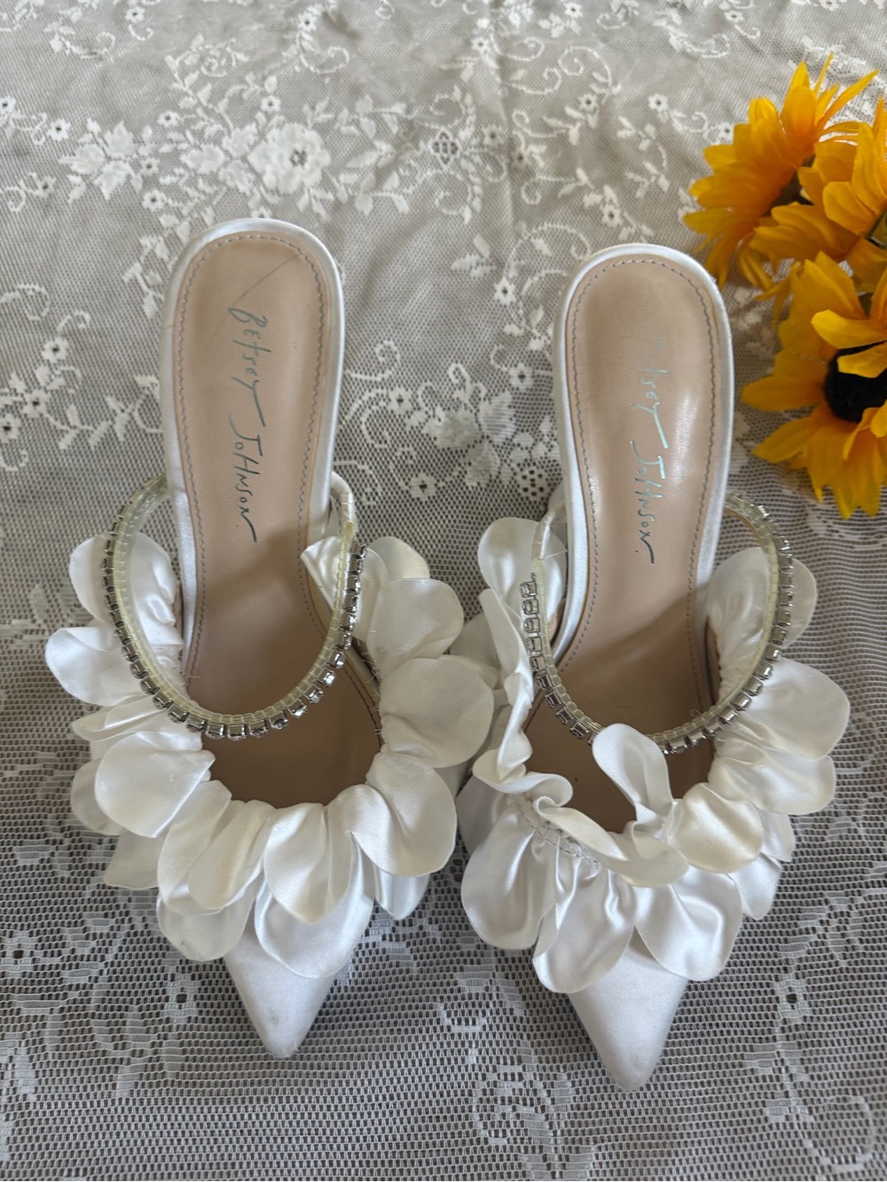 Betsey Johnson White Satin ruffle rhinestone Pointed Mules
